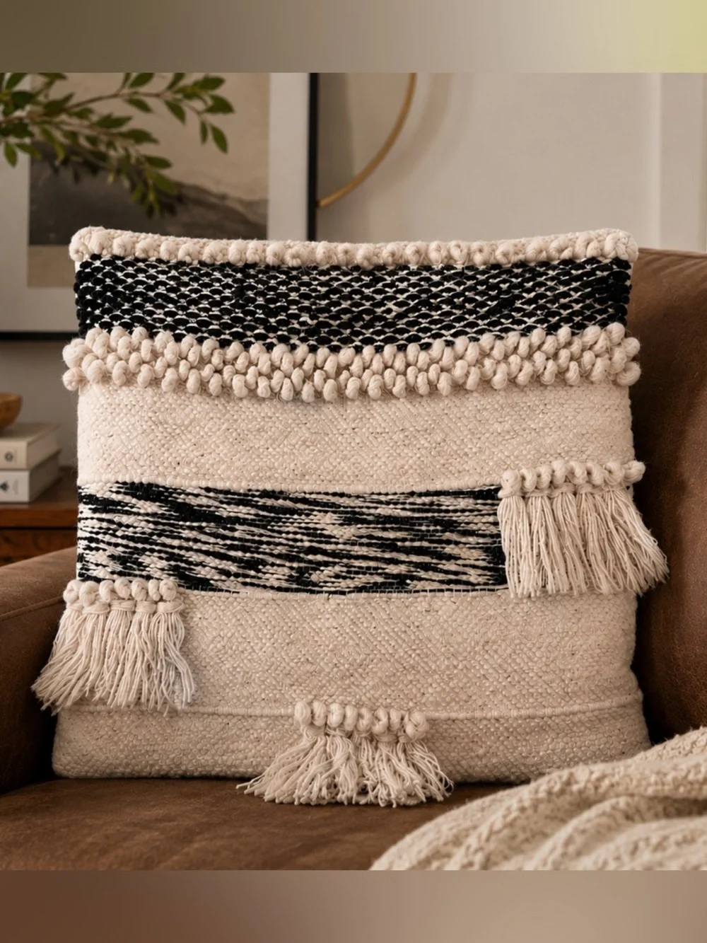 Modern Southwest Wool Pillow Cover 17x17 Black Cream Textured Tassel Boho Zip